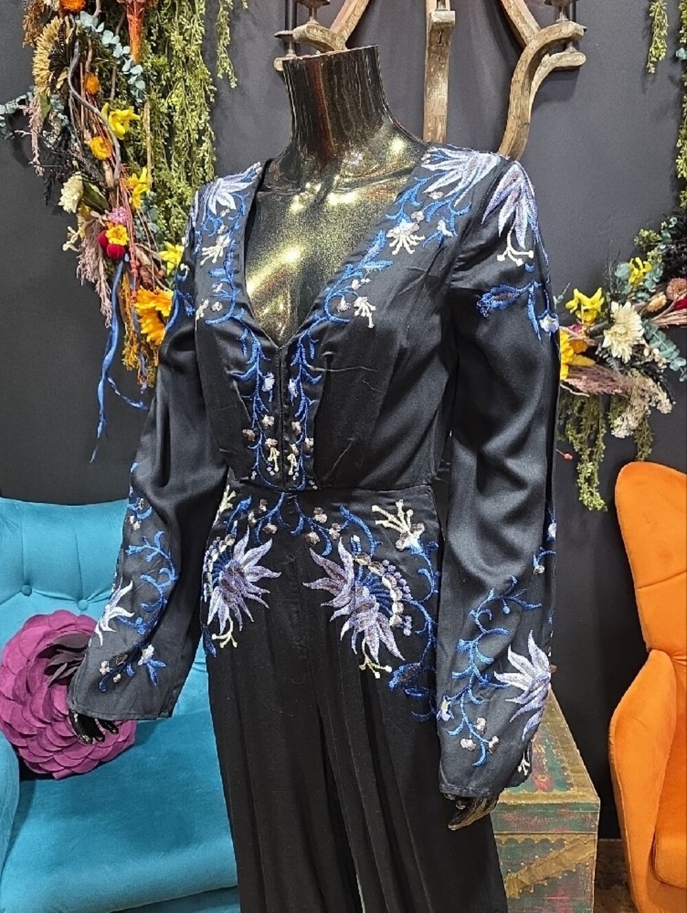 Free People Black Jumpsuit with Blue Floral Embroidery - Picture 2 of 15